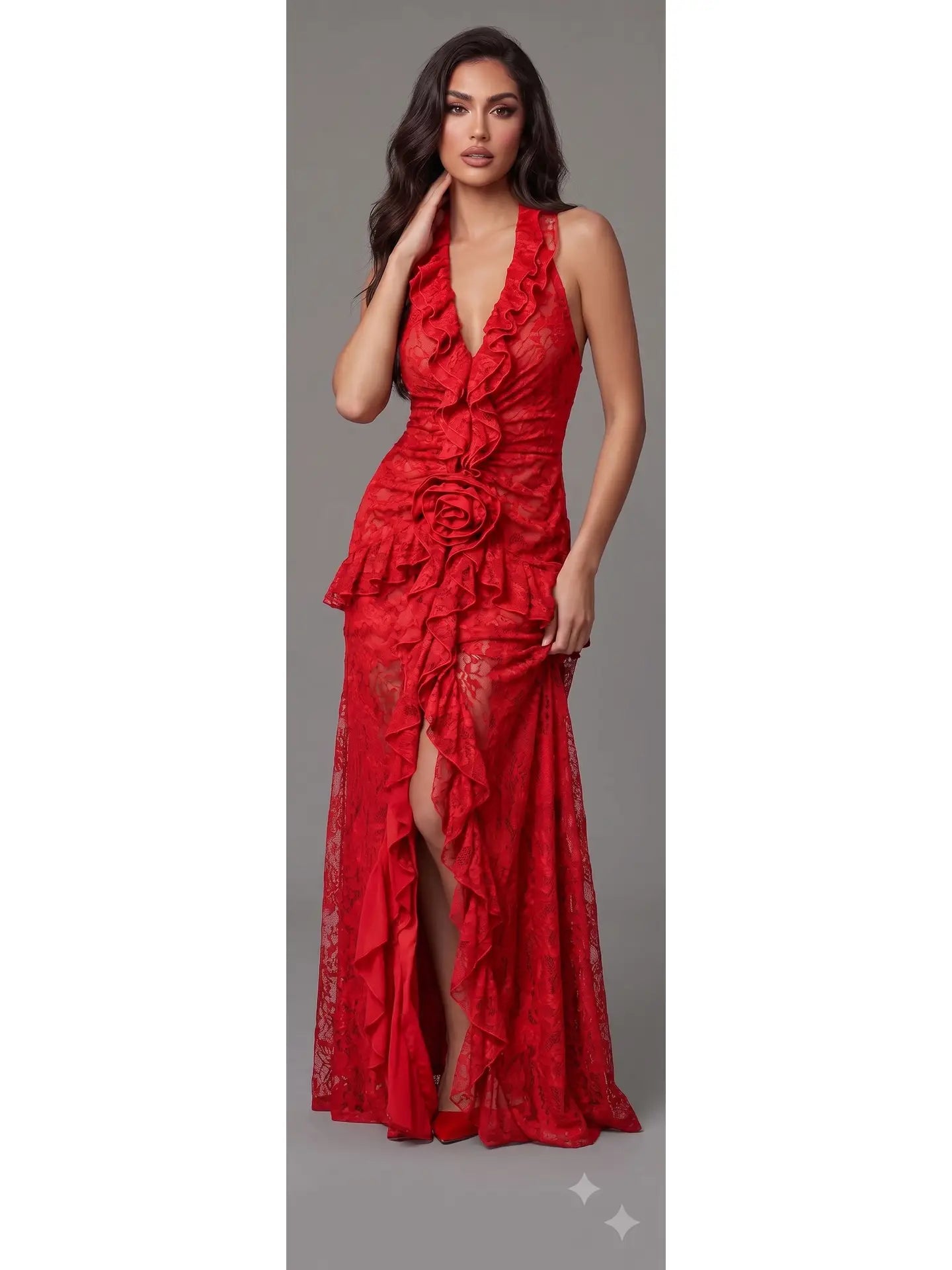 Cascading Ruffle & Floral Lace Backless Halter Gown
