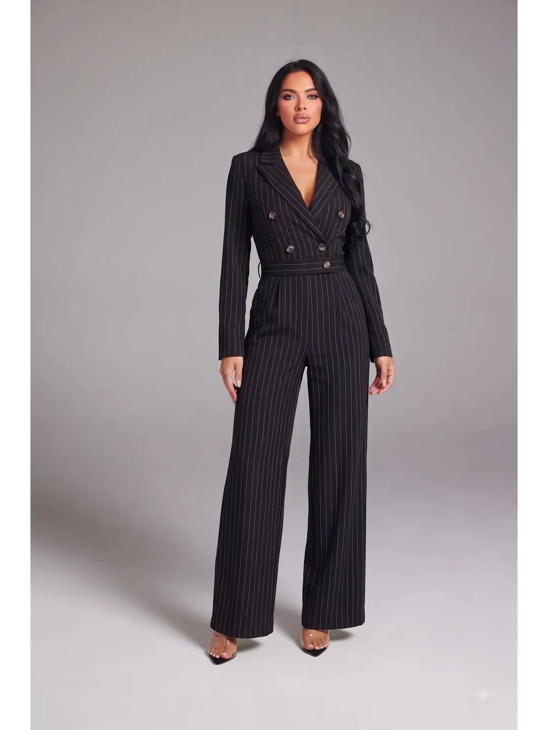 Tailored Pinstripe Double-Breasted Long Sleeve Jumpsuit