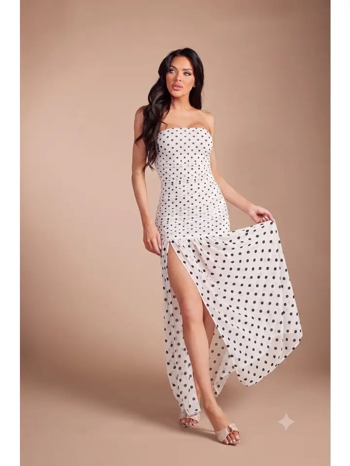 Strapless Polka Dot Ruched Bodycon Maxi Dress with High Slit