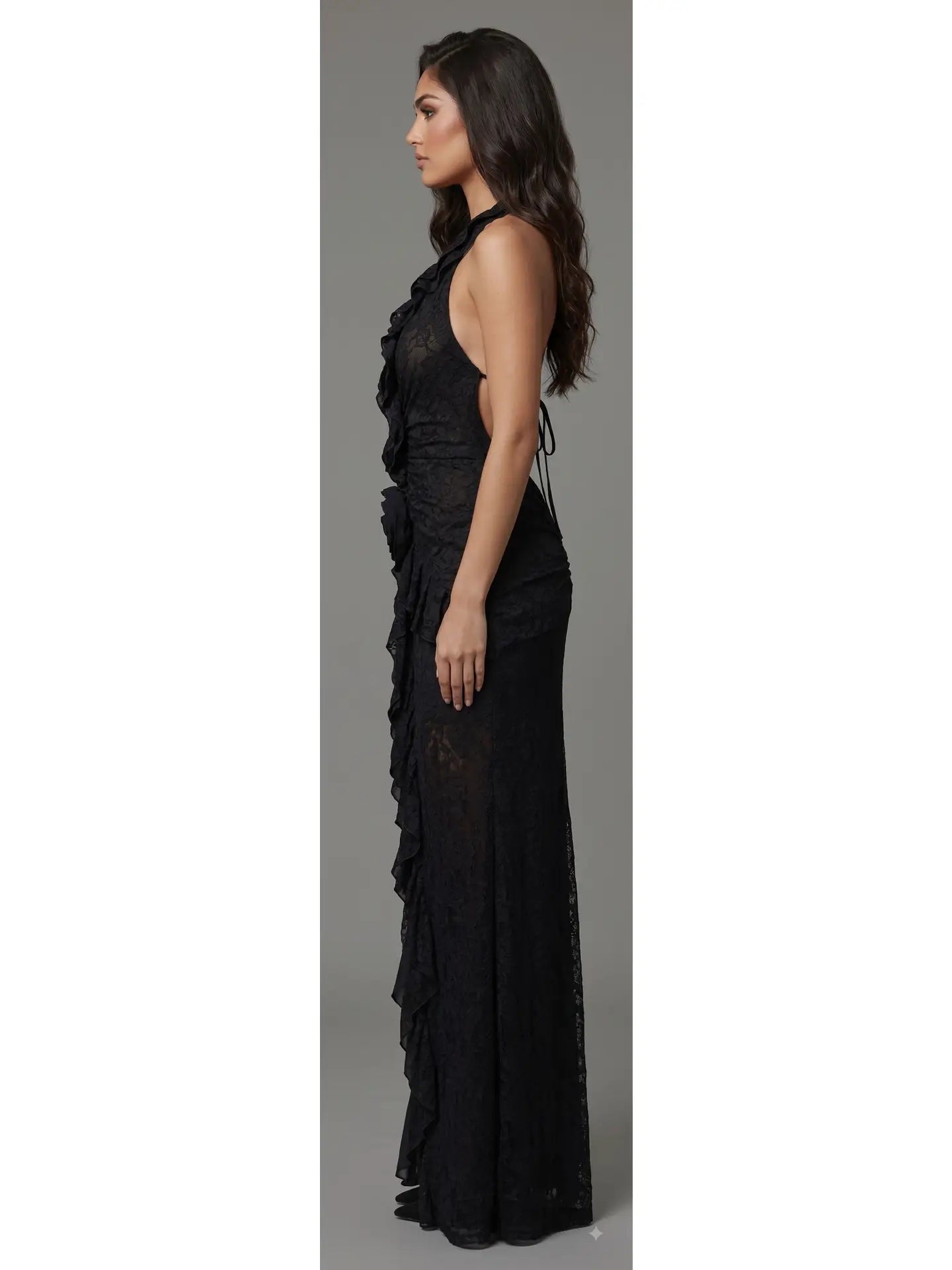 Cascading Ruffle & Floral Lace Backless Halter Gown