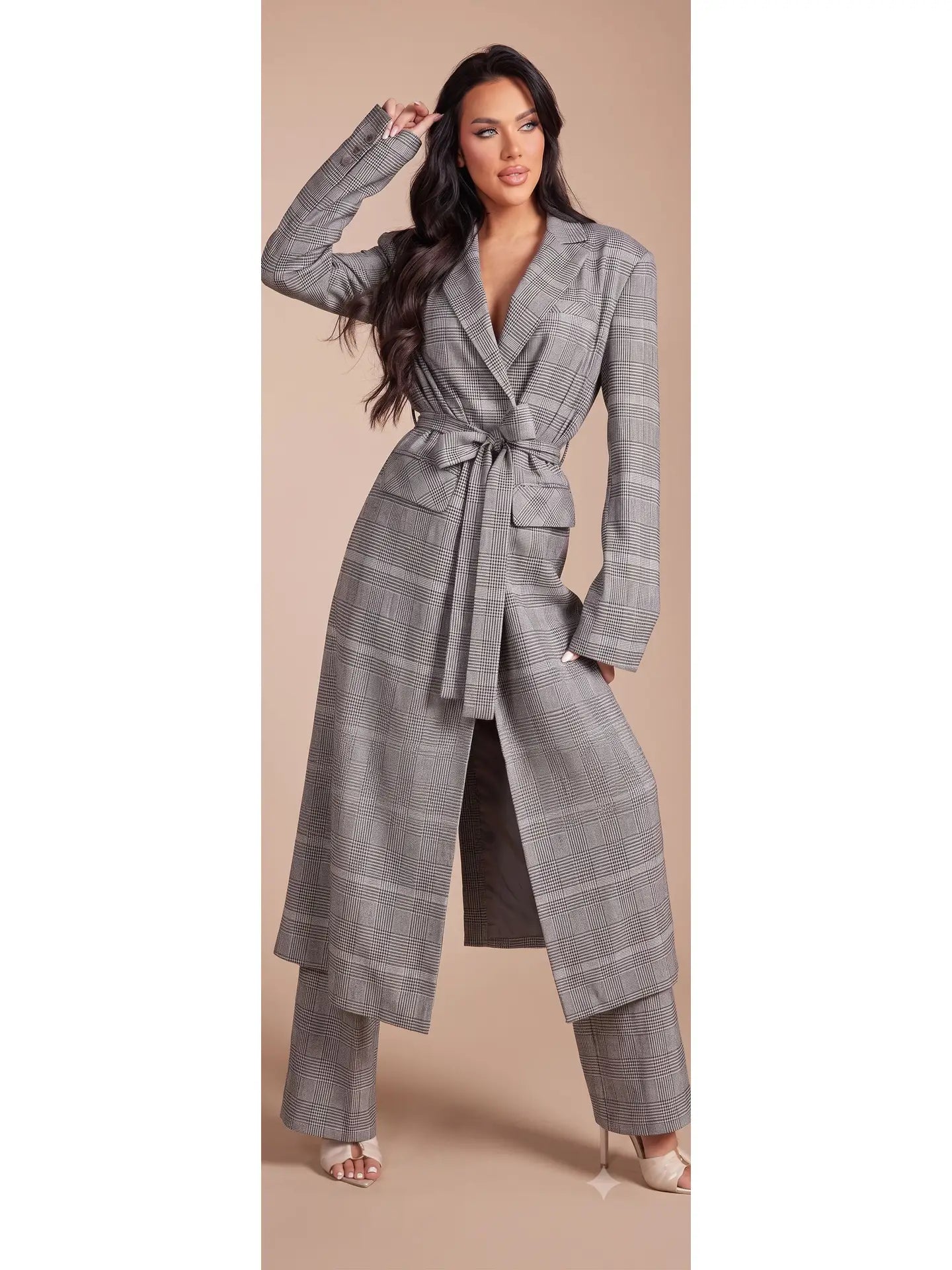 Plaid Long Trench Blazer Set with Self-Tie Belt and Trousers