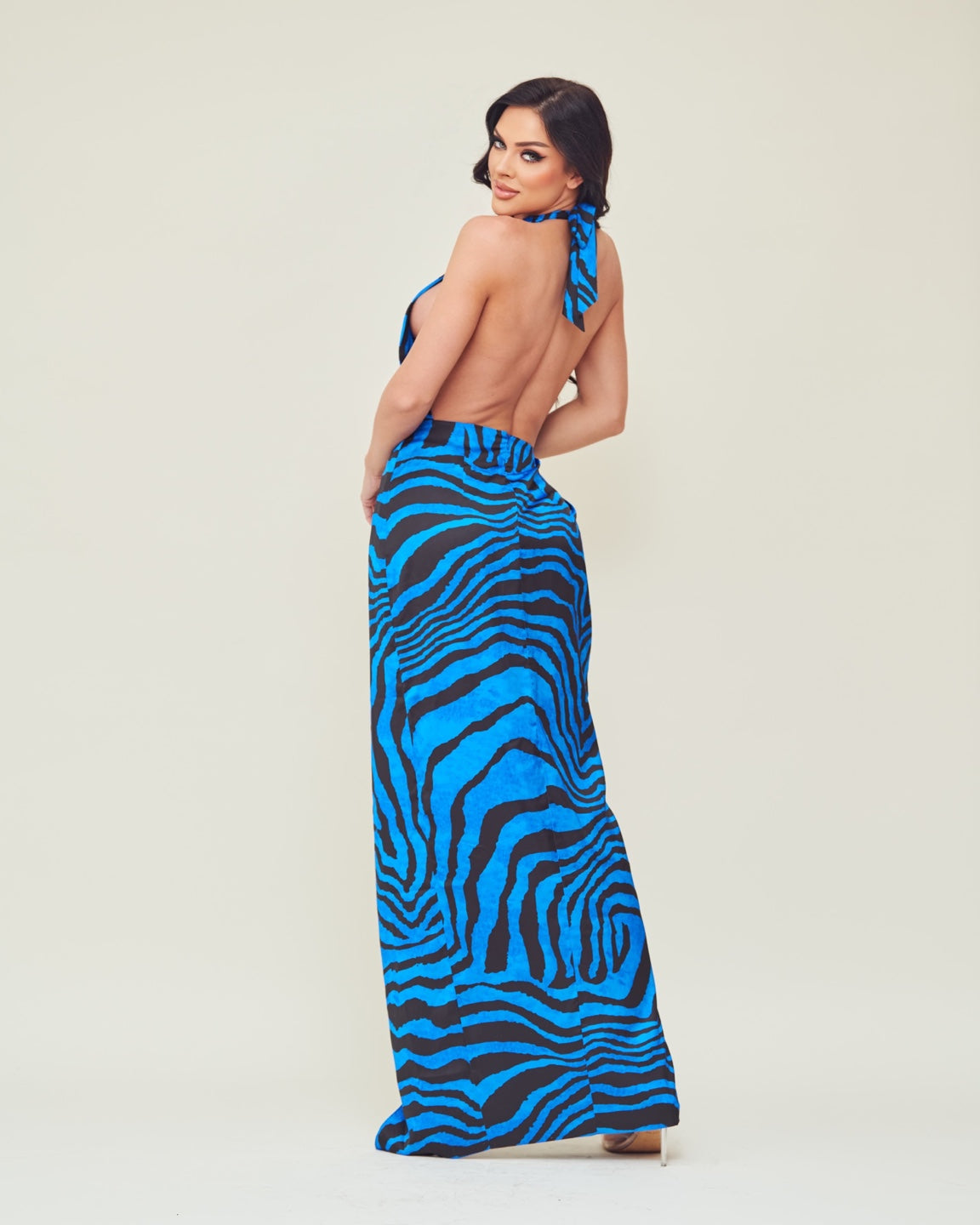 Satin Zebra Print Halter Maxi Dress