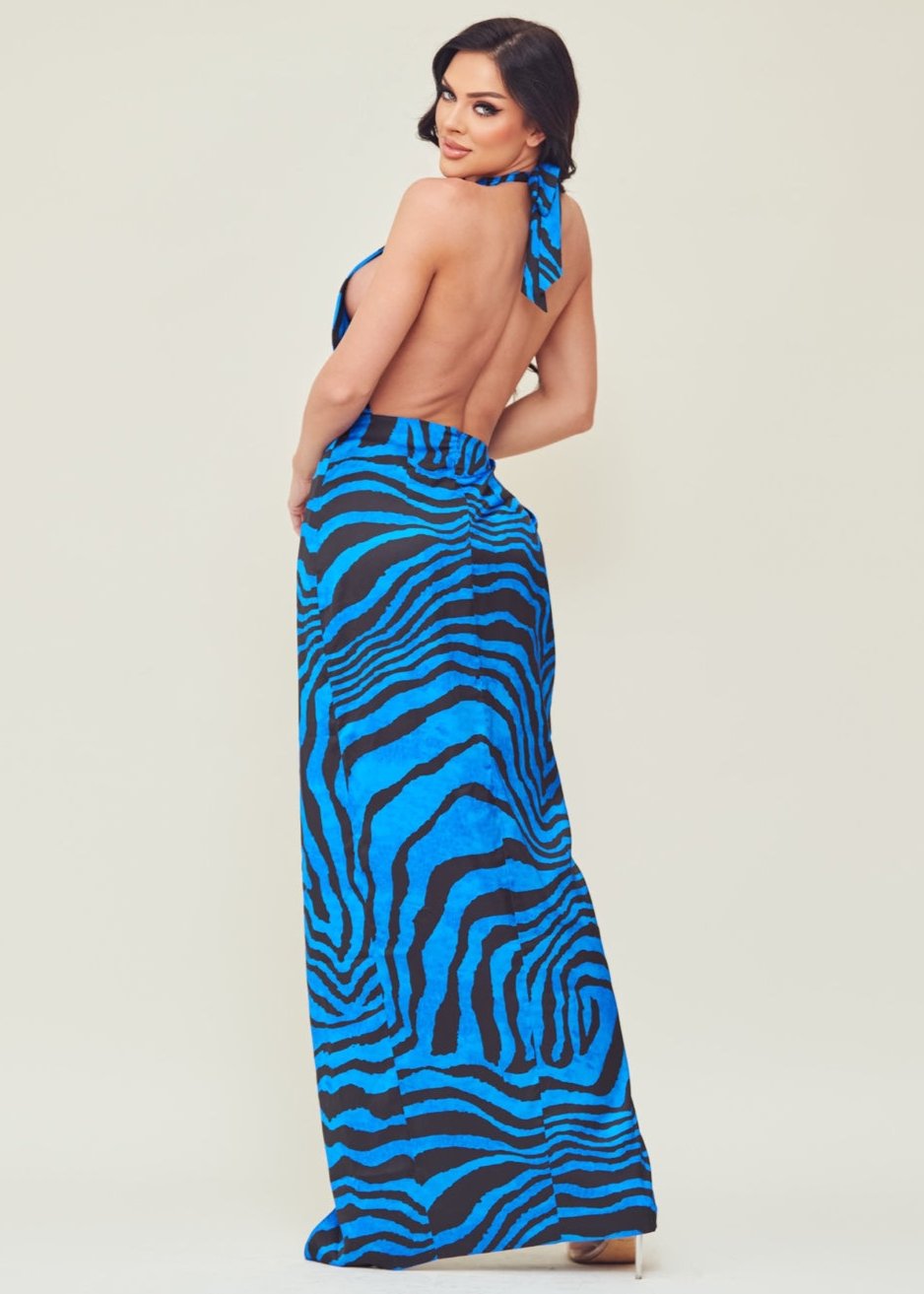 Satin Zebra Print Halter Maxi Dress