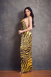 Satin Zebra Print Halter Maxi Dress