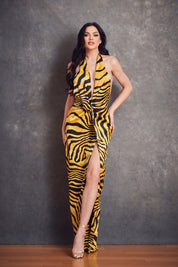 Satin Zebra Print Halter Maxi Dress