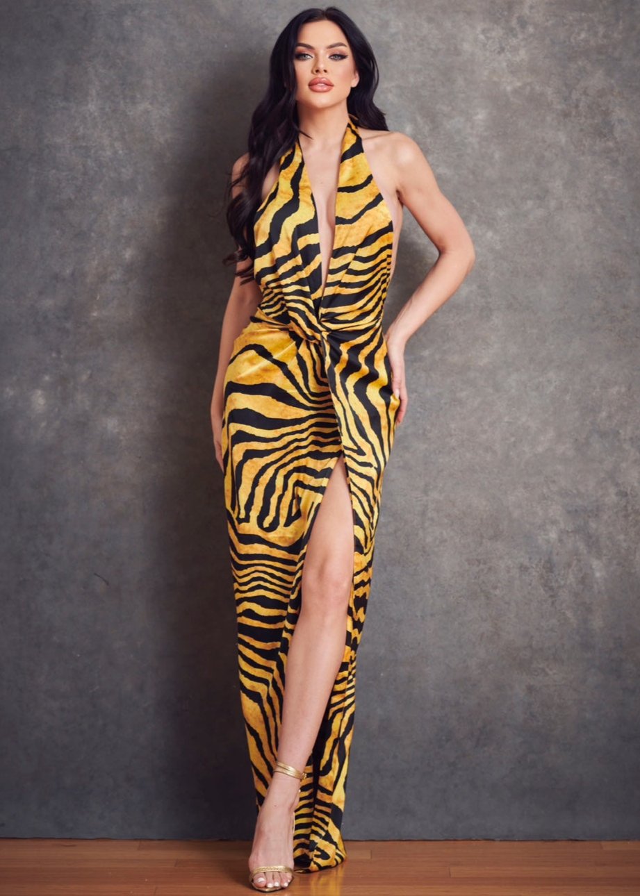 Satin Zebra Print Halter Maxi Dress