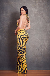 Satin Zebra Print Halter Maxi Dress