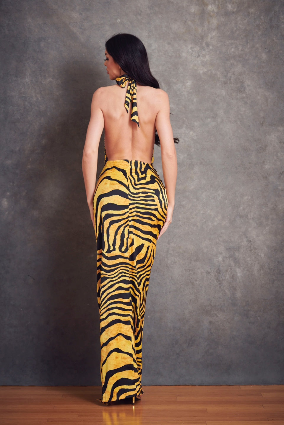 Satin Zebra Print Halter Maxi Dress