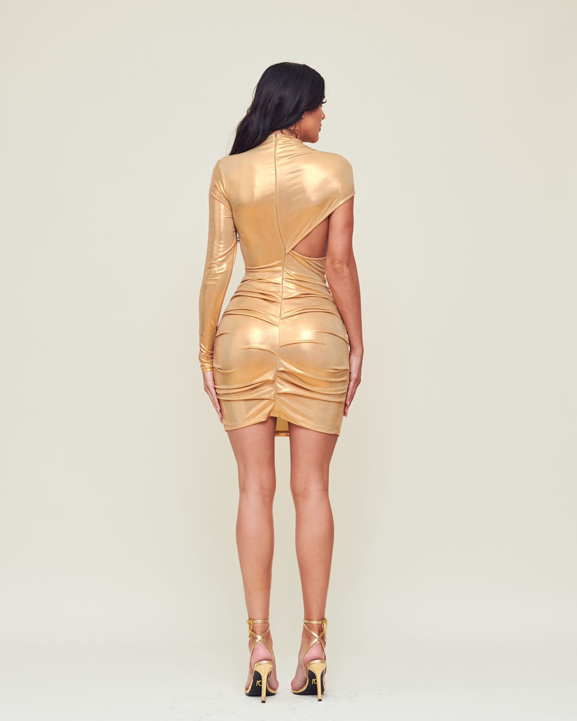 Metallic Long Sleeve One Shoulder Cutout Mini Dress