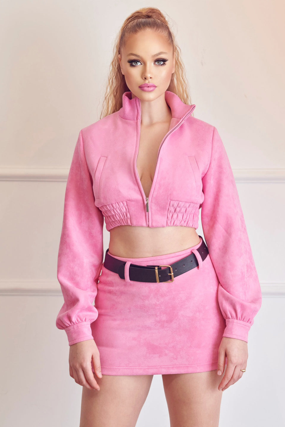 2 Pc Cropped Bomber and Skirt Set